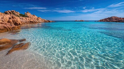A serene coastal view featuring crystal-clear turquoise waters, rocky outcrops, and a bright blue sky, creating a tranquil atmosphere.