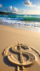 Dollar sign drawn in sand on a beach