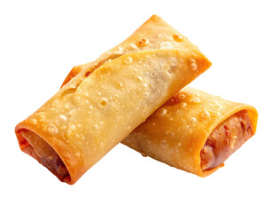 Two golden-brown fried rolls, crispy texture, visible filling, stacked on a black bg