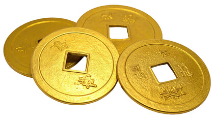 Four gold, round coins with square holes and Chinese characters, on black