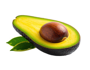 Cut avocado half, seed visible, with green leaves on black background