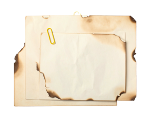 Overlapping, burnt paper sheets, yellow clip, aged appearance on isolated background