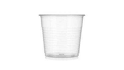 A translucent, ridged plastic cup, empty against a stark black background
