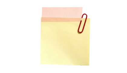 Two sticky notes, pink and yellow, clipped by a red paperclip, on black