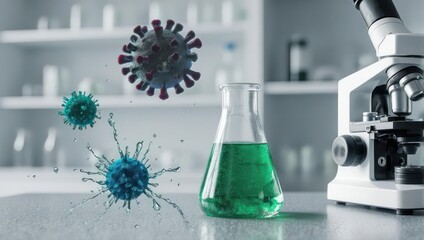 Laboratory scene with microscope, beaker, and floating virus models on a science lab bench