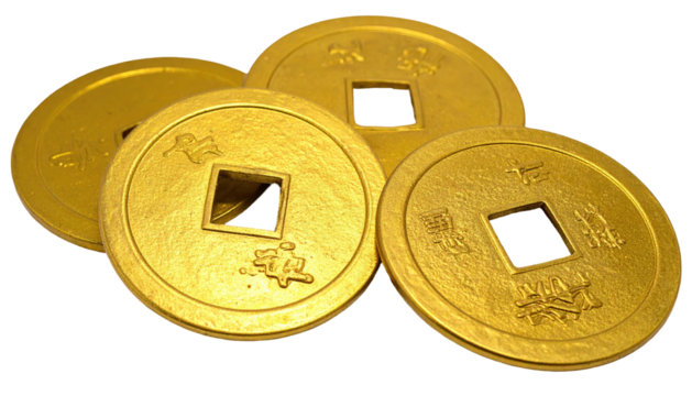 Four gold, round coins with square holes and Chinese characters, on black