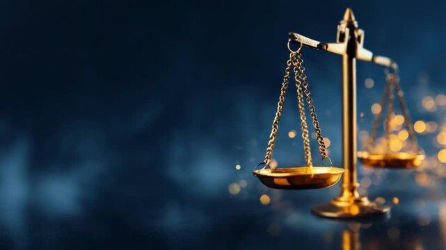 Justice Scales: A gleaming set of justice scales stands centered, balanced in perfect equilibrium against a subtly blurred backdrop of light. Conveying themes of fairness, law, and jurisprudence.