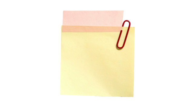 Two sticky notes, pink and yellow, clipped by a red paperclip, on black - Powered by Adobe