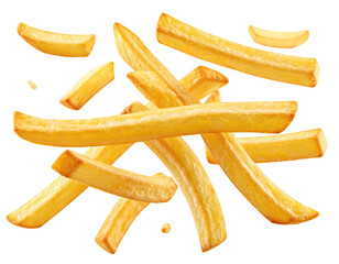 Close-up of golden, crispy, french fries scattered on a transparent background