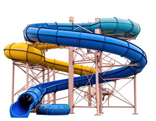 A multi-colored spiral water slide with support structure against a plain sky