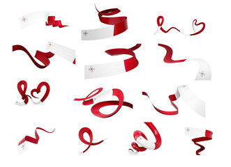 Set Of Different Style Of Malta Wavy Abstract Ribbon Flags On Black 3d Illustration