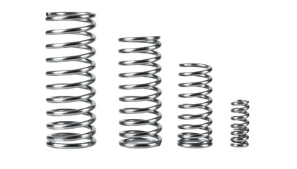 Four silver compression springs of varying heights stand against a black background