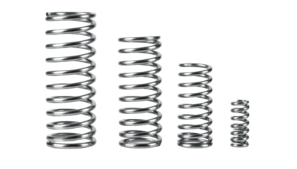 Four silver compression springs of varying heights stand against a black background