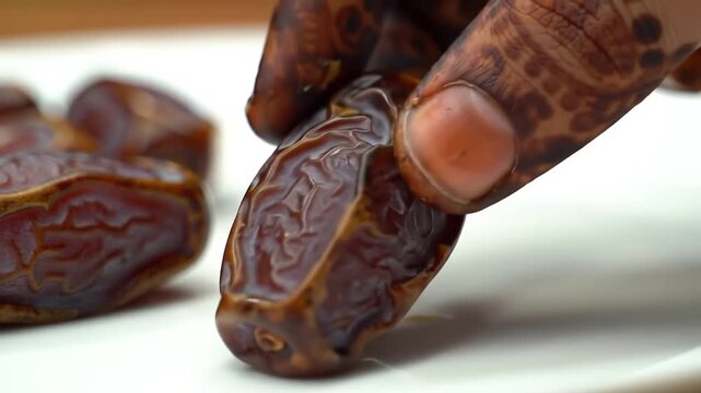 Closeup shot of a hand picking up a single date fruit from a white plate highlighting the texture and rich brown color of the sweet dried fruit ready for consumption or as an ingredient.