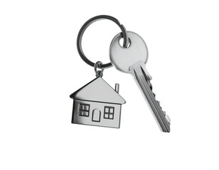 Shiny metal keys with house charm against black backdrop, suggesting property access