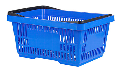 A vibrant blue shopping basket with black handles, seen at a slight angle
