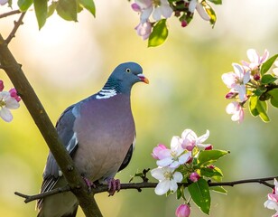 Dove perched in blossoming apple tree