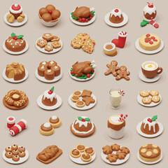 Isometric Delicious Christmas Food and Treats Delightful Culinary Feast Illustration