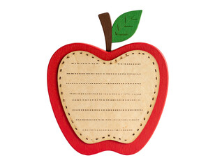 Wooden apple-shaped frame with lined paper, stem, and leaf. Isolated on black