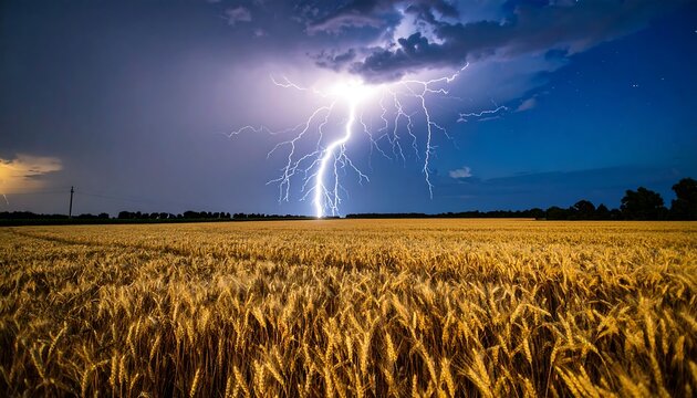 Dramatic lightning strike over golden wheat field at night