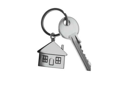 Shiny metal keys with house charm against black backdrop, suggesting property access