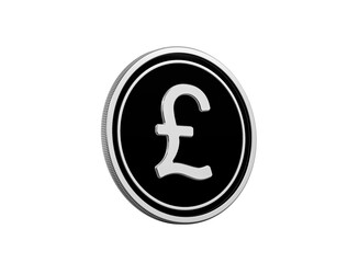 Shiny silver British Pound coin on black background, finance concept.