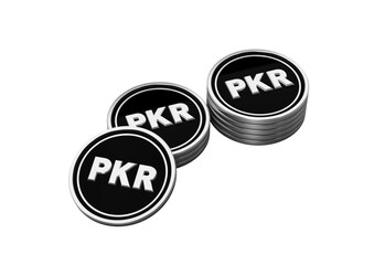 Shiny silver Pakistani Rupee PKR coins on a sleek black background.