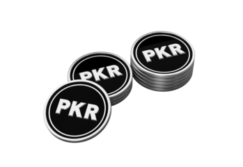 Shiny silver Pakistani Rupee PKR coins on a sleek black background.