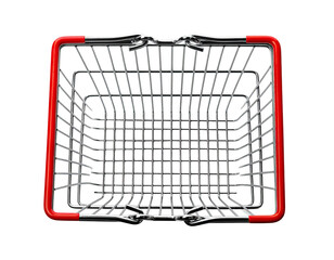 Empty shopping basket with red trim and metallic bars, isolated on black