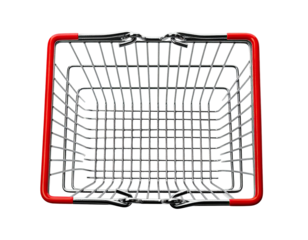 Empty shopping basket with red trim and metallic bars, isolated on black