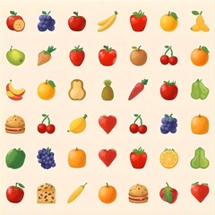 Food and fruit vector emoji illustration. Food and beverages, fruits symbols, emojis, emoticons, stickers, icons Vegetables, cakes, vector illustration flat icons set, collection. Vector illustration