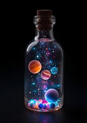 Colorful miniature galaxy in a glass bottle glowing in the dark