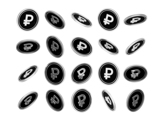 Silver Russian Ruble coins falling on black background, finance concept.