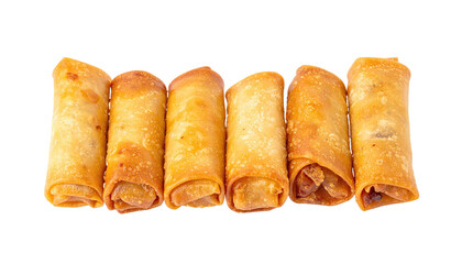 Six golden-brown cylindrical rolls, crisp texture, isolated on a stark black background