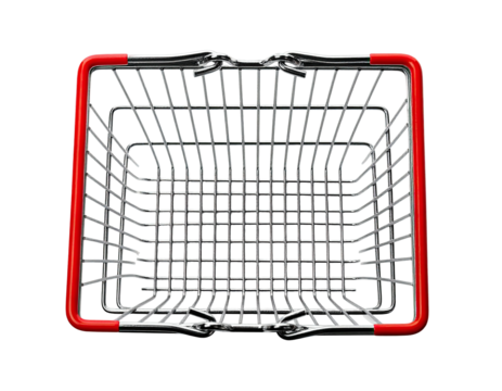 Empty shopping basket with red trim and metallic bars, isolated on black