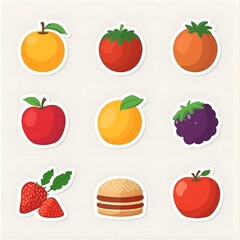 Food and fruit vector emoji illustration. Food and beverages, fruits symbols, emojis, emoticons, stickers, icons Vegetables, cakes, vector illustration flat icons set, collection. Vector illustration