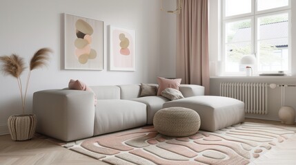 Modern Light Living Room with White Sofa Soft Cushions and Abstract Wall Art