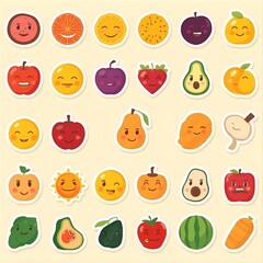 Food and fruit vector emoji illustration. Food and beverages, fruits symbols, emojis, emoticons, stickers, icons Vegetables, cakes, vector illustration flat icons set, collection. Vector illustration