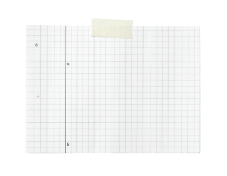 Grid paper with red margin and holes, attached with tape, against black