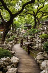 Serene garden scene, winding wooden path over water, stone formations, lush greenery