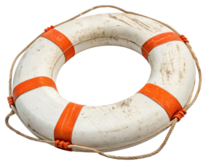 Weathered Lifebuoy with Orange Stripes and Rope on Transparent Background