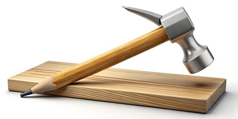 Hammer strikes wooden board near pencil