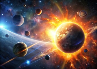 Obraz premium Planetary collision in orbit around a distant star with debris scattered across the sky