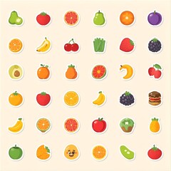 Food and fruit vector emoji illustration. Food and beverages, fruits symbols, emojis, emoticons, stickers, icons Vegetables, cakes, vector illustration flat icons set, collection. Vector illustration
