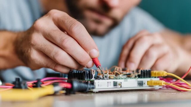 Circuit Board Precision: A skilled individual, focused on his craft, meticulously examines an intricate circuit board with precision tools, capturing the essence of technological mastery.