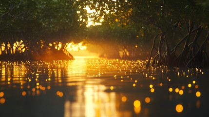 A tranquil mangrove swamp at golden hour with warm amber reflections on still water 
