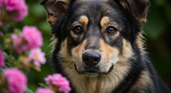 Dog portrait among pink flowers