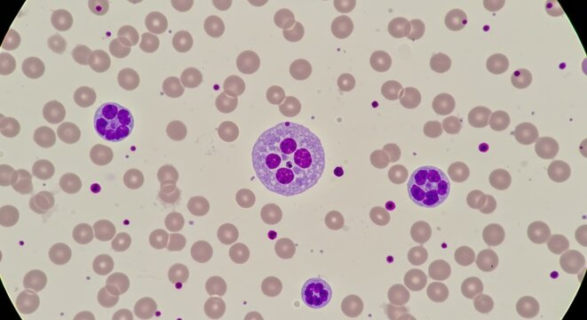 High Magnification Microscopy of Stained Human Neutrophils and Red Blood Cells


