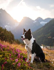 Dog resting in alpine meadow at sunset
