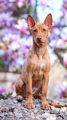 Dog sitting in blossoms